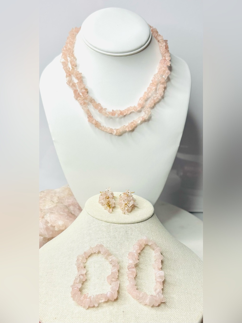 Rose Quartz Chip Necklace, Bracelet & Earring Set - Pink Women Jewelry